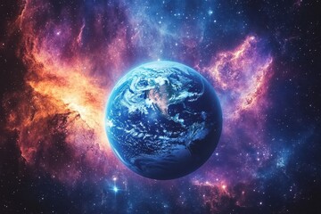 earth in vibrant cosmic nebula space galaxy stars planets universe,