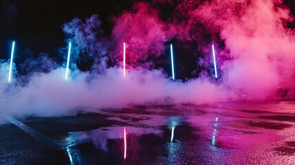 Poster - A dark and deserted street is characterized by its wet asphalt, which reflects rays of light, while an abstract dark blue background filled with smoke and smog looms, and the only signs of life come