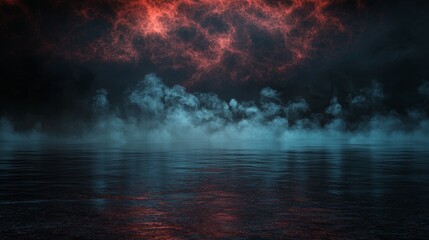 Poster - The atmosphere is one of a dark and empty street, with wet asphalt reflecting light, set against a dark blue background that is abstract and filled with smoke and smog, and the only illumination