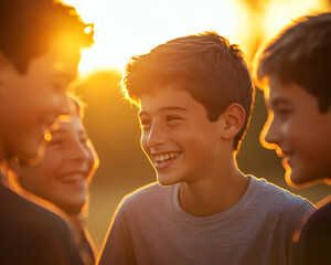 A close-up of happy boys laughing together during sunset, capturing the warmth and joy of childhood friendship and carefree moments.