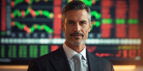 Poster - Confident businessman stands before stock market data display in a modern office setting during working hours