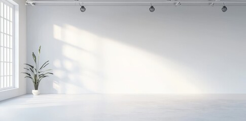 Poster - The setup of a professional photography studio typically includes a white cyc wall, overhead lighting, and soft shadows