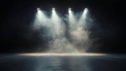 Poster - An empty stage with dim lighting, curtains, and spotlights creates a dramatic atmosphere, suitable for theater performances and scenes