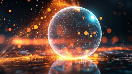 Poster - Glowing sphere surrounded by sparks and light trails in a digital environment