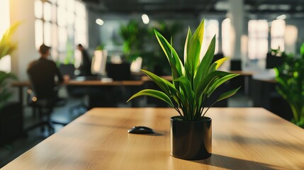 Poster - The modern business office features an open layout with a wooden table, a blurred bokeh background, and large panoramic windows that provide beautiful lighting