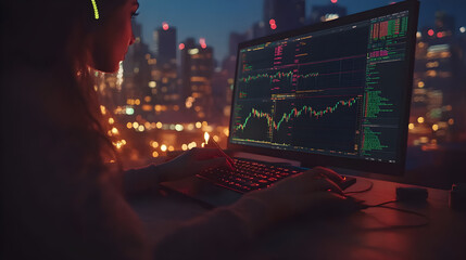 Poster - Trading analysis at night city skyline digital display urban environment close-up financial insights