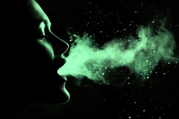 Mystical silhouette exhaling glowing green vapor dark background