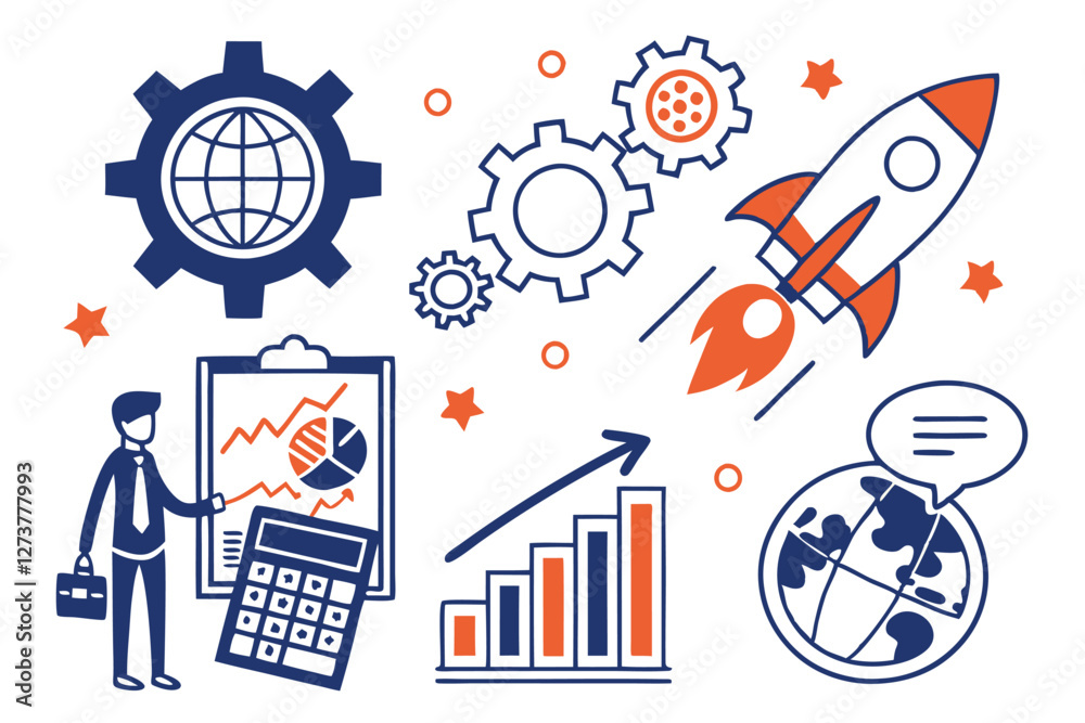 Business icons, management concepts, blue and orange color scheme, flat ...