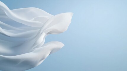 Poster - Ethereal White Silk Floating Gently in the Air with Soft Blue Background
