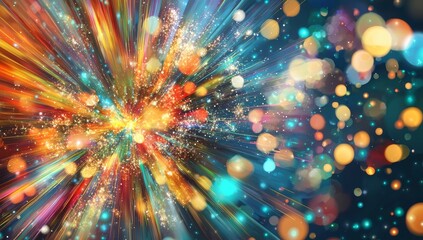 Poster - Vivid, rainbow-colored rays of light extend outward from a central point in this image, stock