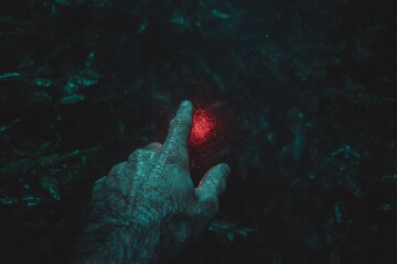 Poster - the picture presents a detailed view of a finger interacting with a bright red light source situated
