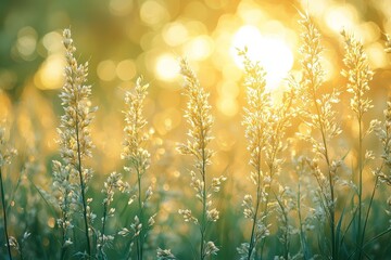 Poster - The beautiful background of autumn nature is captured in a macro image of autumn grass in a forest at sunset