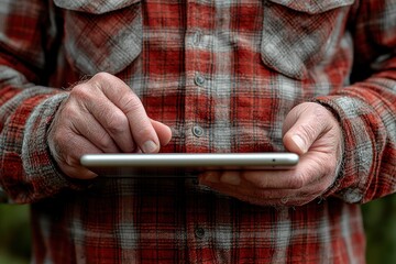 Poster - Man holding a tablet device with engaging content while displaying a focused expression