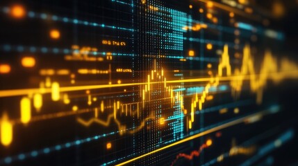 Poster - An elegant shot of a gold price chart with various technical indicators and trend lines overlaid on a digital screen, with a focus on the golden color and data.
