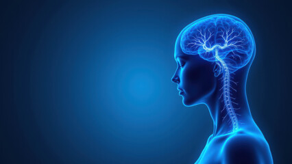 Wall Mural - 3D rendering of human head with illuminated brain and highlighted vagus nerve for VNS (Vagus Nerve Stimulation) visualization.