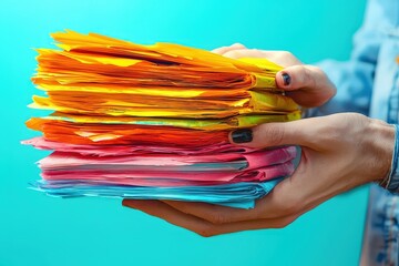 Poster - A person joyfully holding a vibrant stack of colorfully assorted papers in their hands