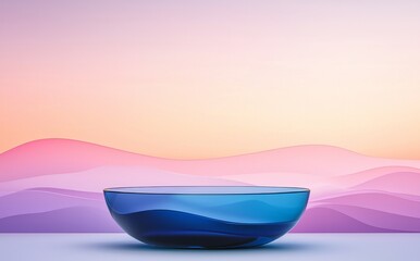 Poster - Podium with an iridescent glass ribbon or water wave 3D render, featuring a mock-up abstract geometric stage with a holographic shape and gradient texture, includes a blank platform for displaying
