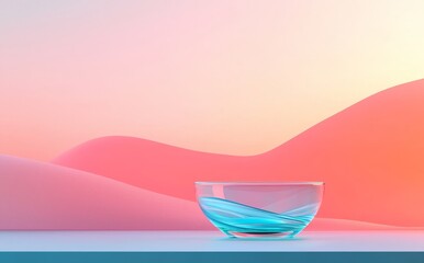 Poster - A holographic, 3D mock-up of a geometric stage with an iridescent glass ribbon or water wave pattern, incorporating a gradient texture, and a blank platform designed for displaying cosmetic products