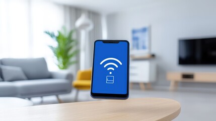 Poster - A smartphone displaying a wireless connection icon, set against a modern living room backdrop with bright lighting and contemporary furniture.