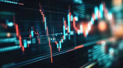 Poster - A detailed financial chart with candlestick patterns showing stock price movements, highlighted by fluctuating market trends and technical indicators on a trading platform.
