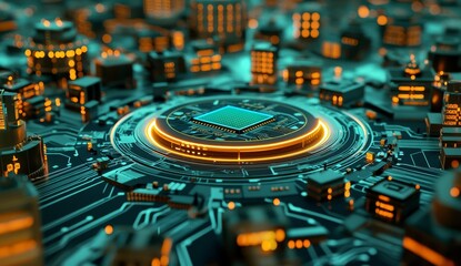 Poster - In a 3D rendering, the CPU idea is brought to life through a conceptual image presented on a 3D background