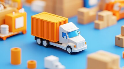 Poster - A colorful miniature truck surrounded by cardboard boxes, set against a blue background, representing logistics and transportation concepts.