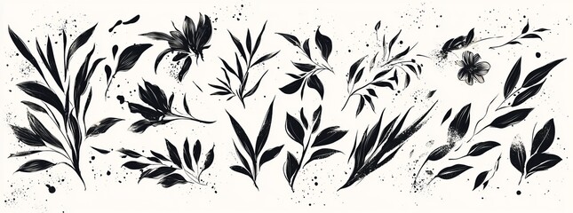 Wall Mural - Abstract flowers and leaves depicted with ink brush. Black plant components highlighted on a white background