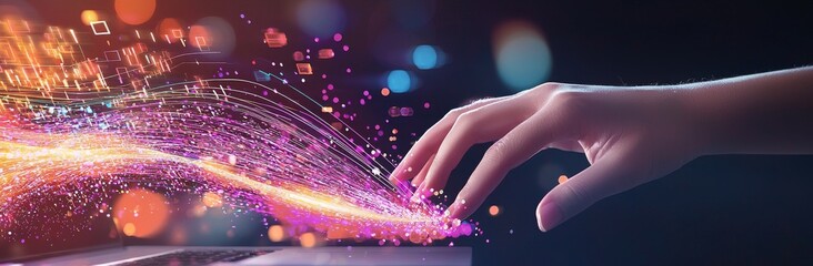 Poster - A software engineer uses a laptop to manage databases and provide IT support, set against a backdrop of technical support, customer service, business, technology, and the internet