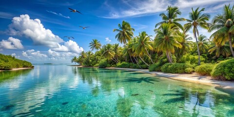 Wall Mural - Serene Tropical Lagoon Surrounded by Lush Palm Trees and Sky