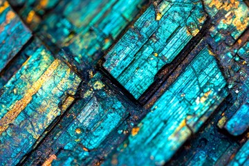 Poster - The electronic circuit board with its roads and components comes into sharp focus against a technology background, adorned with an electronics texture