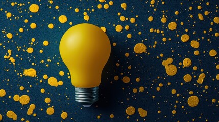 Poster - A vibrant yellow light bulb sits against a textured dark surface splattered with bright yellow paint, symbolizing creativity and innovation.