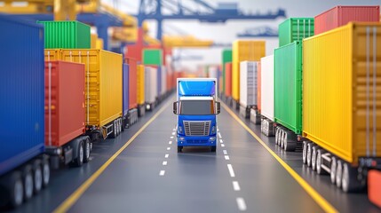 Poster - A vibrant scene of a blue truck navigating through a busy shipping yard filled with colorful containers.