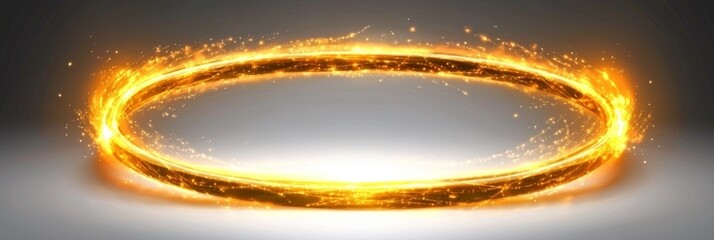 Poster - The image features a golden halo angel ring isolated on a transparent background, surrounded by abstract representations of movement and speed, including a light ellipse, galaxy glint, glowing