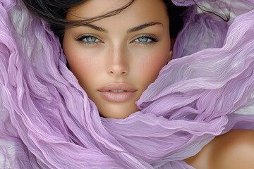 Poster - A stylish woman dressed elegantly with a purple scarf wrapped around her neck