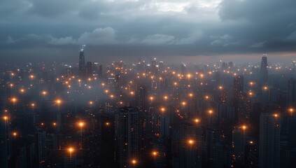 Poster - High-speed internet connection is conceptualized as vibrant cable webs that transmit digital information over a futuristic cyberpunk cityscape complete with skyscrapers, showcased as a 3D