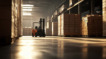 Poster - A forklift moving pallets of stacked wooden boxes in a warehouse, highlighting logistics, industry, and the concept of modern warehouse operations.