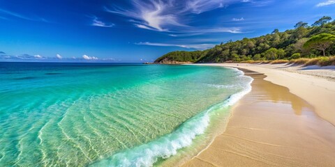 Wall Mural - Serene Tropical Beach with Calm Waters and Lush Greenery