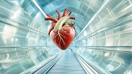 Poster - A 3D-animated heart running through a futuristic tunnel, symbolizing medical advancements in heart health.