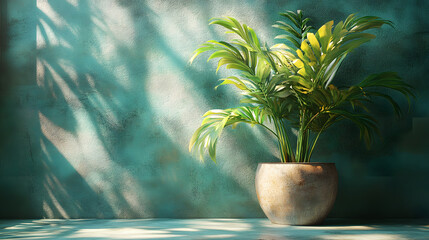 Poster - Lush plant in a pot against a textured blue wall