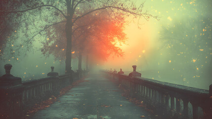 Poster - Misty path with trees and a glowing sunset in a serene atmosphere