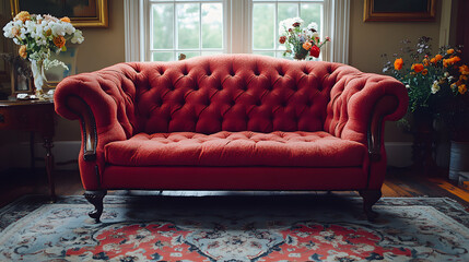 Poster - Vintage red tufted sofa in a cozy living room setting