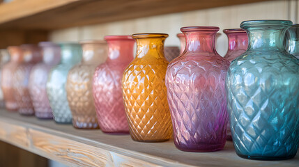 Poster - Colorful glass vases arranged on a wooden shelf