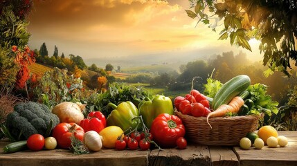 Wall Mural - a breathtaking rural landscape filled with fresh vegetables, their colors enhanced by the warm glow 