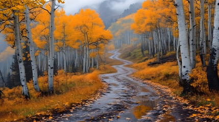 Poster - Autumn landscape with vibrant orange trees lining a winding path