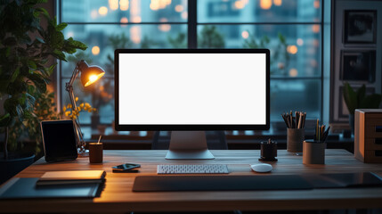 Poster - modern workspace with computer displaying data analytics on wooden desk, surrounded by plants and office supplies, creating focused atmosphere