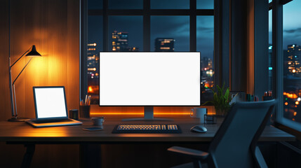 Poster - modern workspace with AI algorithms analyzing data on screens, illuminated by city lights at night. setup includes desktop and laptop displaying graphs and charts, creating focused atmosphere