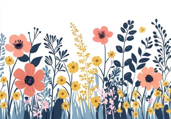 Isolated on a white background, this sketch set includes hand-drawn wildflowers and black silhouettes of grass, flowers, and herbs, creating a spring herbal design