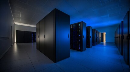Poster - An IT professional and his female counterpart are collaborating on a task in a data center, with the woman utilizing a tablet as the man observes