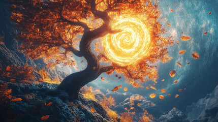 Poster - A tree with spiraling, fractal leaves that radiate energy