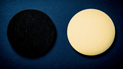 Aufkleber - Contrast of black and gold circular shapes abstract art studio setting close-up view visual concept
